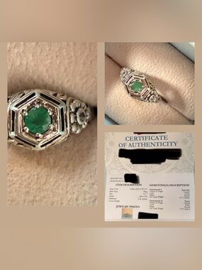 Vintage Custom Natural Green Emerald Filigree Ring W/ Box &Cert sz 7